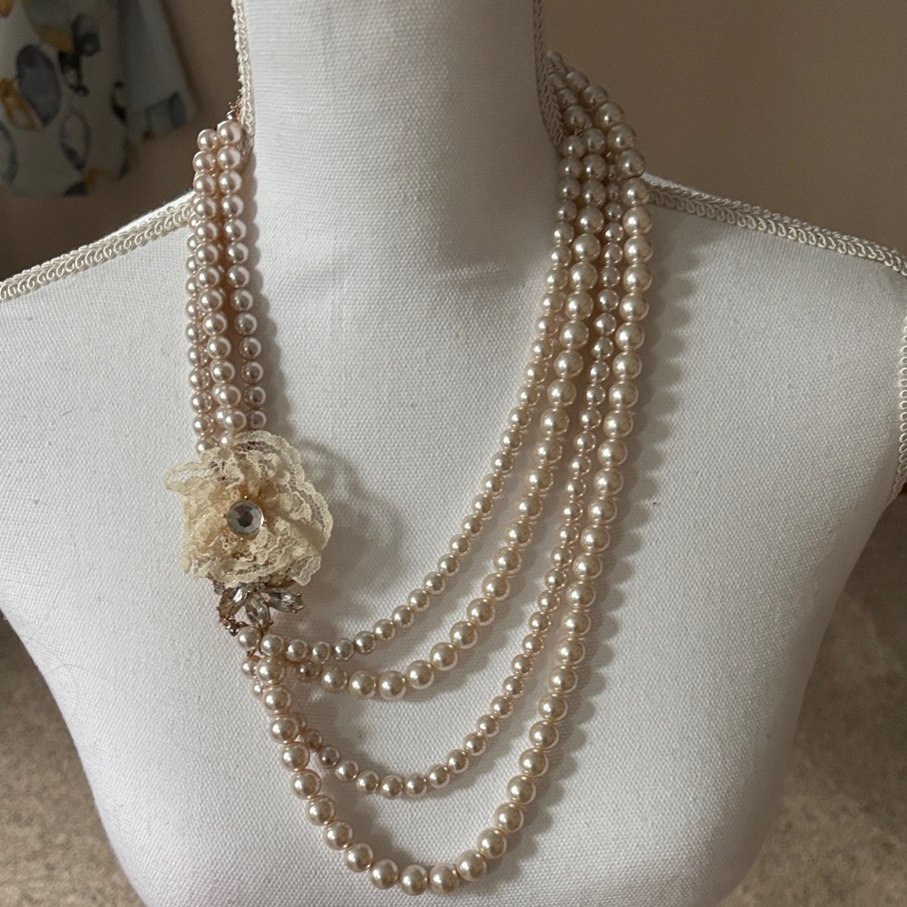 New York & Company Cream Pearl Necklace with Floral Detail